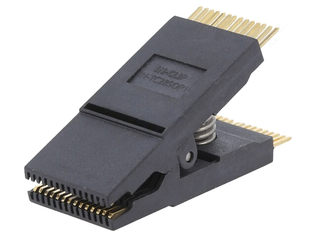 Testclips; zwart; verguld; SO28,SOIC28,SOJ28; 5mm; max.150°C Testclips; zwart; verguld; SO28,SOIC28,SOJ28; 5mm; max.150°C